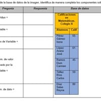 A partir de la base de datos de la imagen, identifica de manera completa los componentes solicitados.