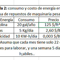 Determine la cantidad de energía consumida en 15 días de labor por concepto de utilizar gasolina, gas y electricidad.