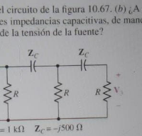 ¿A qué valores idénticos deben cambiarse las 3 impedancias capacitivas de manera que v3 este 180 grados fuera de fase respecto a